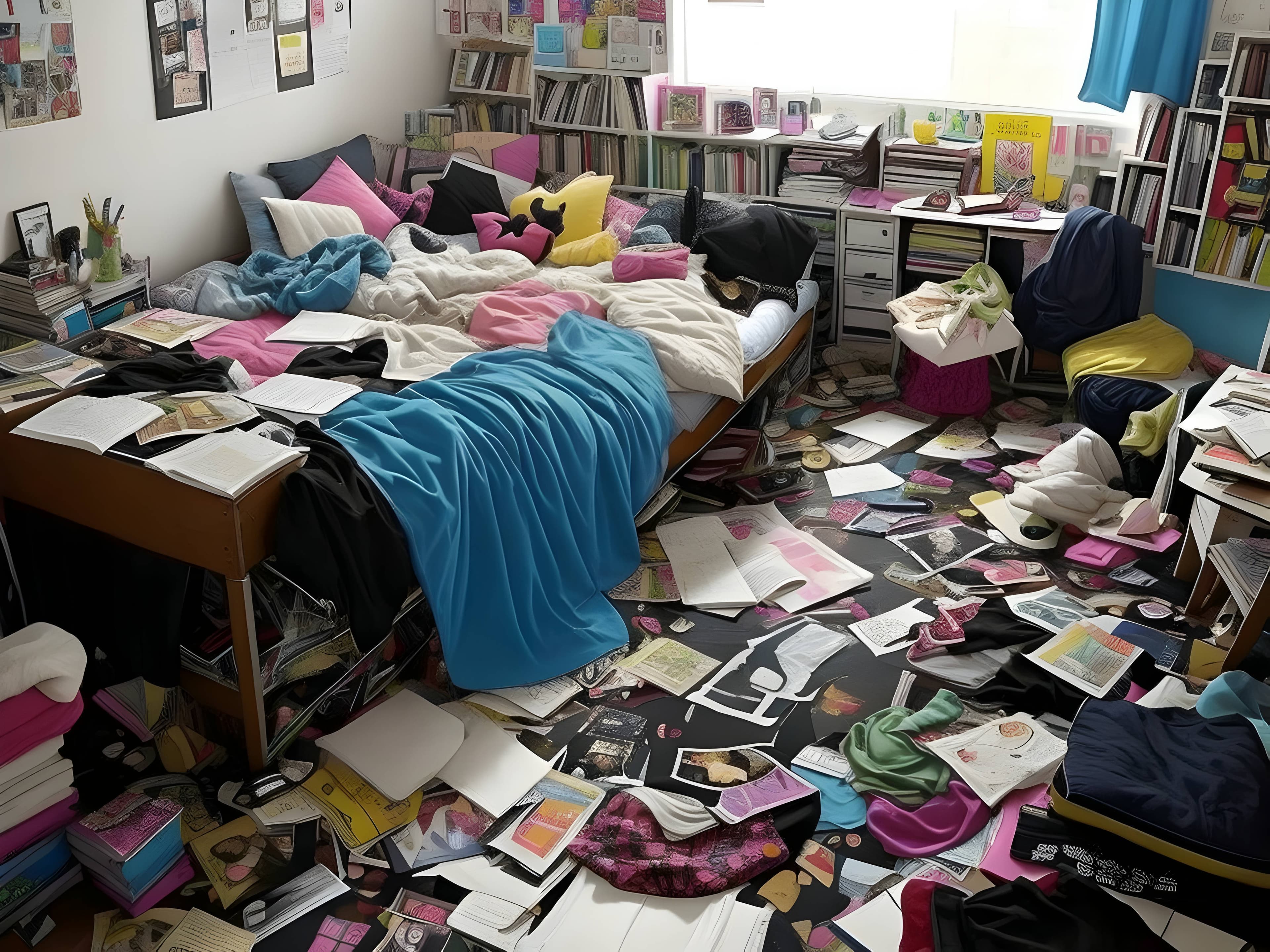 A cluttered bedroom floor