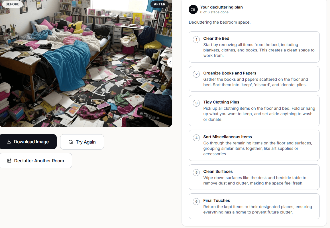 Declutter It result screen showing a before/after comparison slider next to a step-by-step decluttering checklist